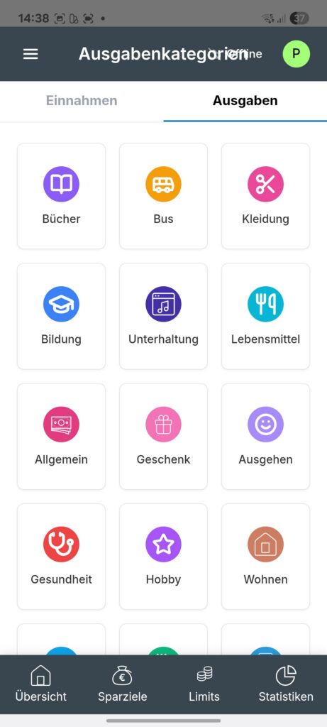 Übersicht Kategorien App